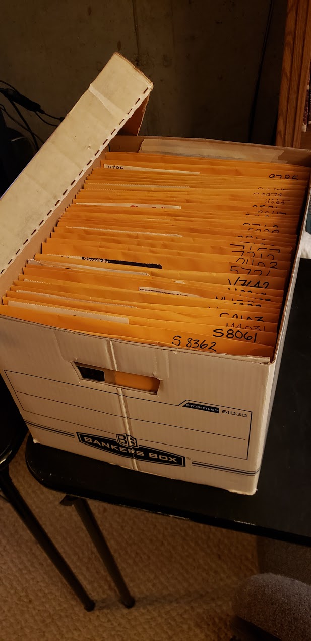 File box full of patterns in new envelopes